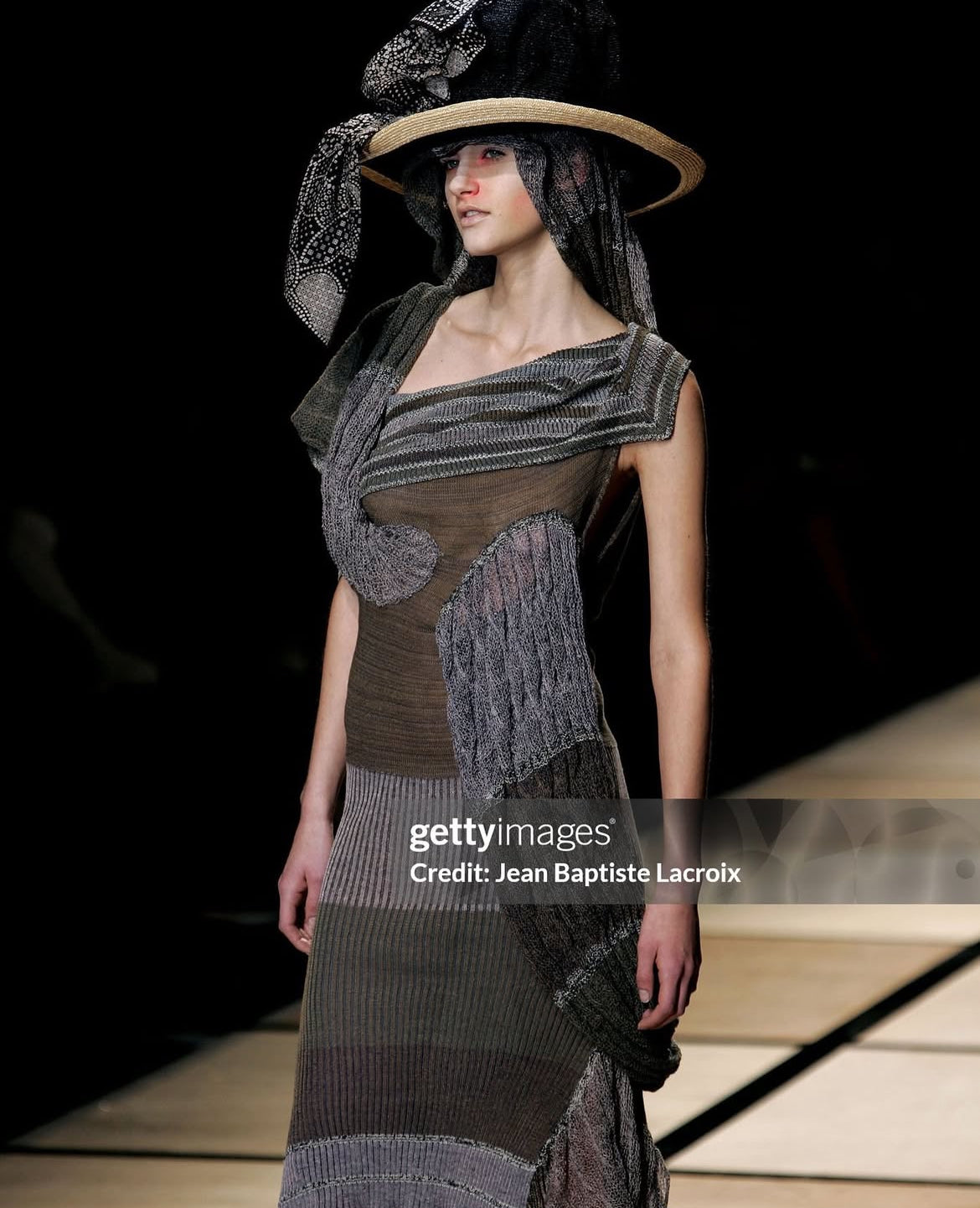 Vivienne Westwood S/S 2005 Multicolor distressed linen dress with tubular scarf