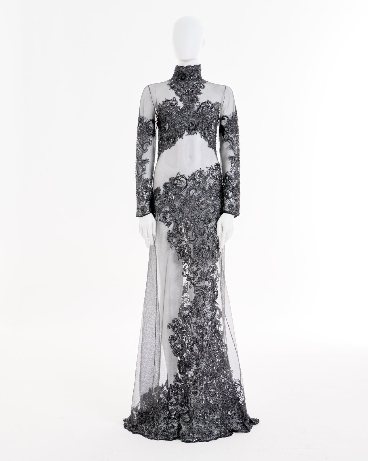 Rocco Barocco Couture F/W 1997 Semitransparent Floral Silver Silk Long Dress