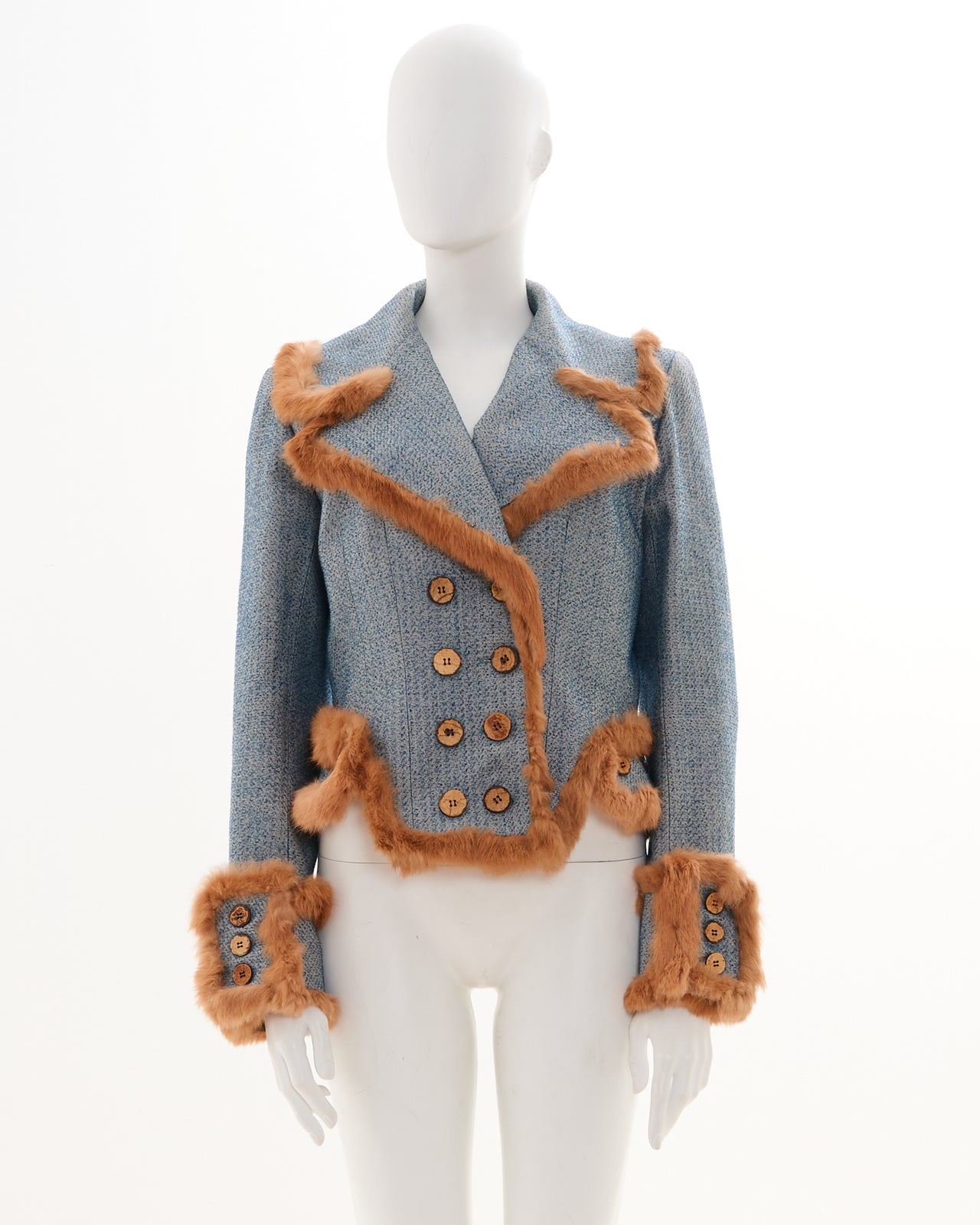 John Galliano F/W 2000 Fur trim double breasted jacket in blue