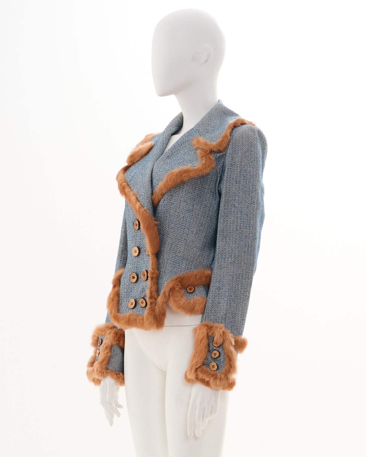 John Galliano F/W 2000 Fur trim double breasted jacket in blue