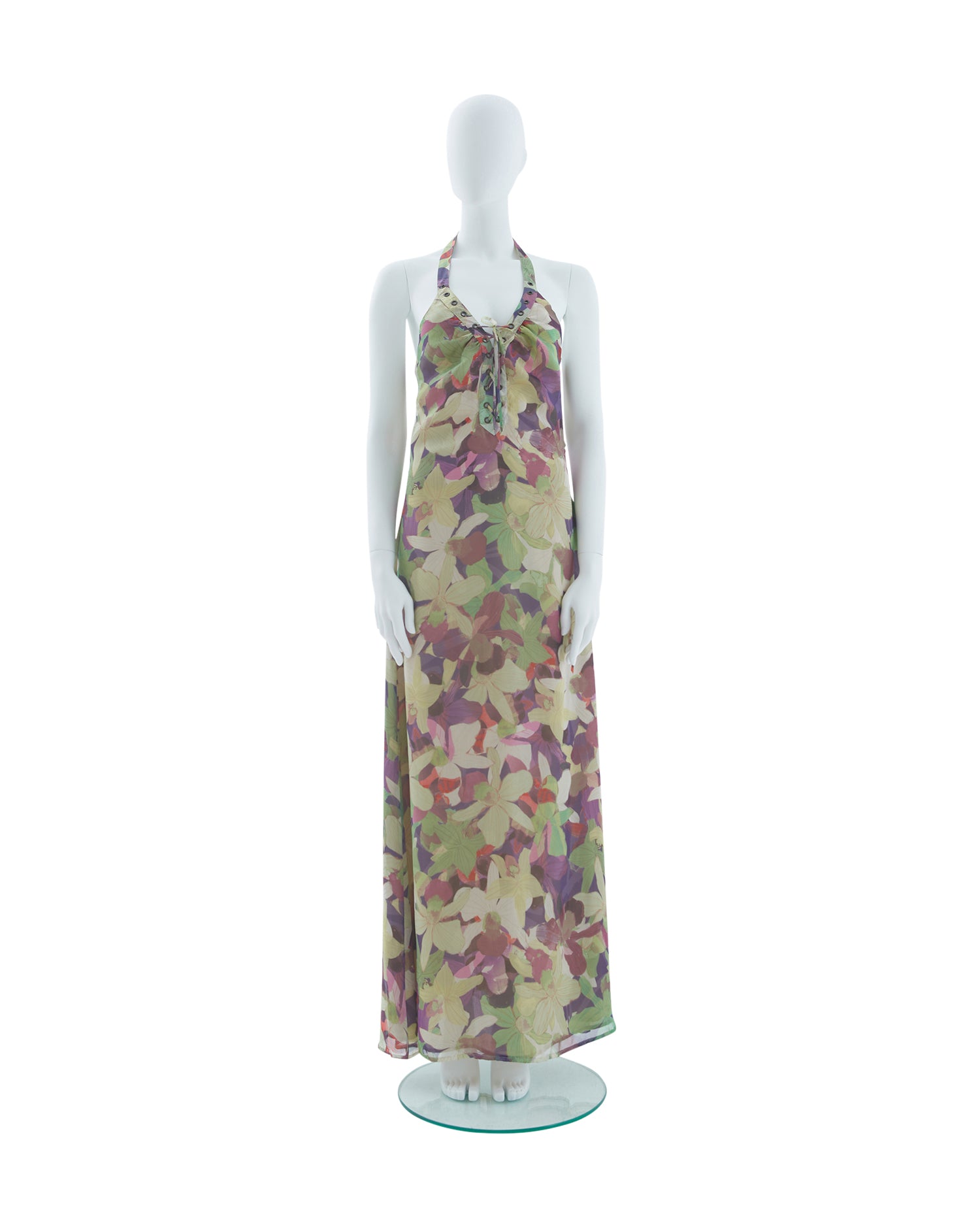 Valentino Early 2000s Floral pattern silk chiffon halter evening dress - Skof Archive Valentino Early 2000s Floral pattern silk chiffon halter evening dress - Skof Archive