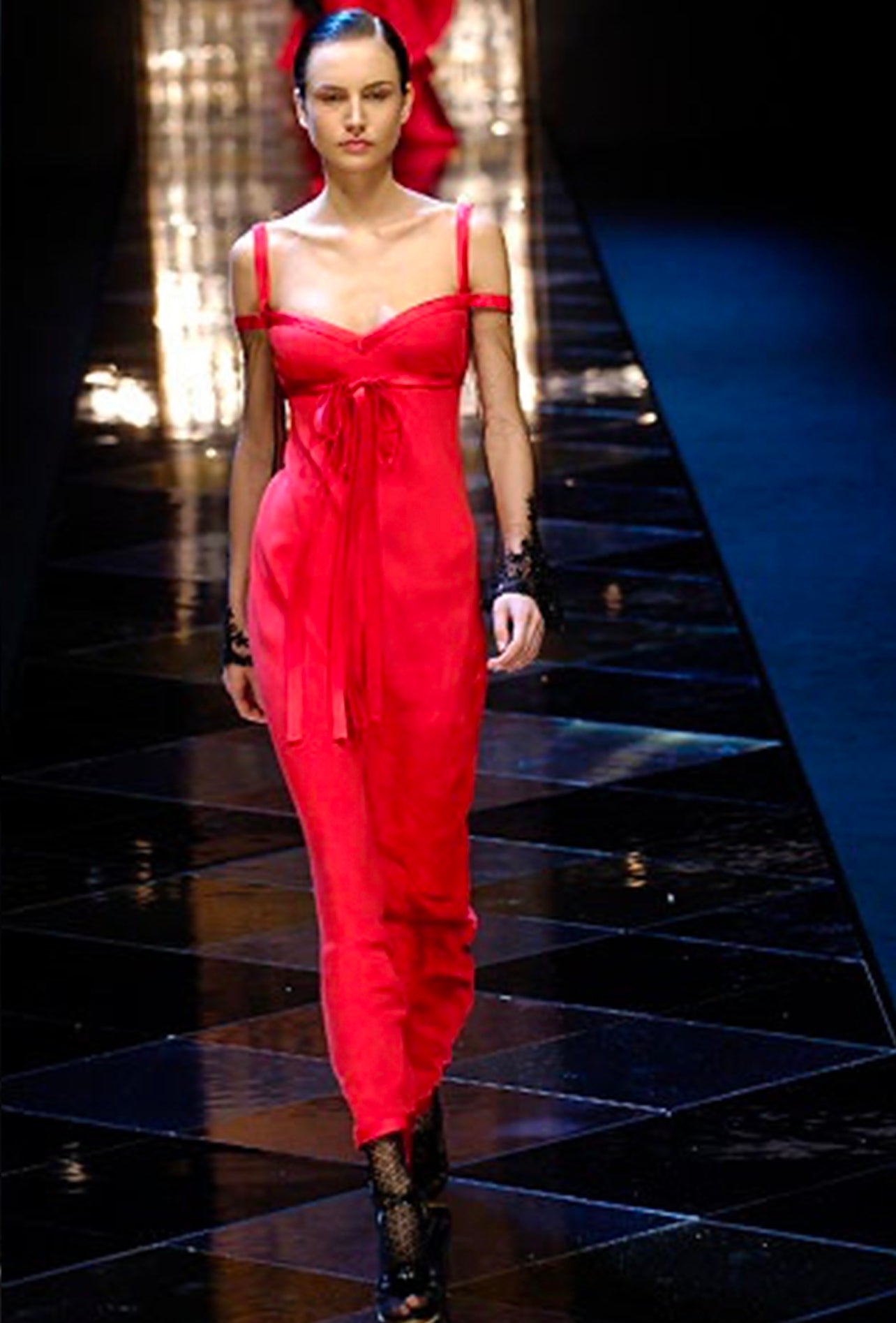 Valentino F/W 2005 Red evening dress with embellished lace sleeves - Skof Archive Valentino F/W 2005 Red evening dress with embellished lace sleeves - Skof Archive