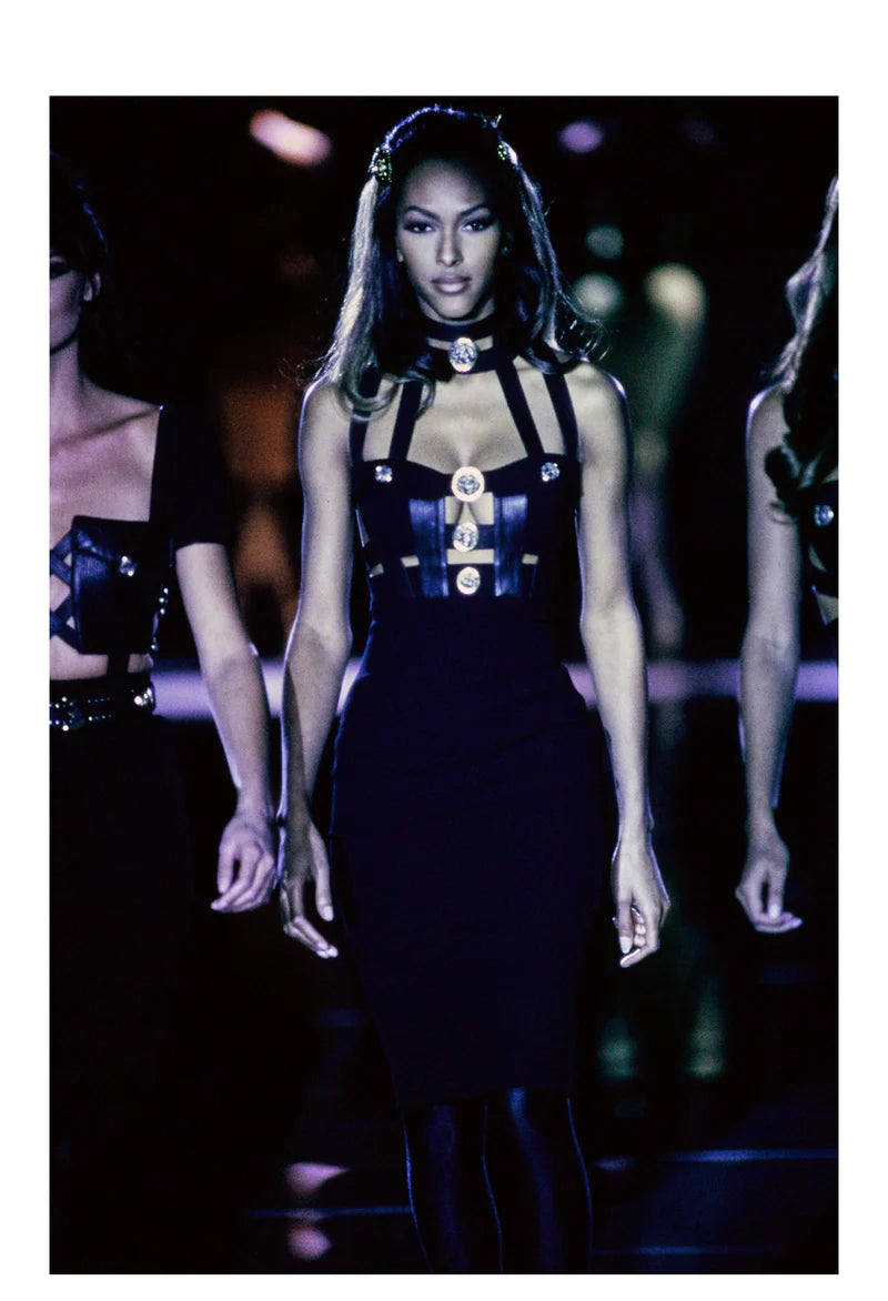 Gianni Versace Couture F W 1992 Black bondage evening dress Skof Archive