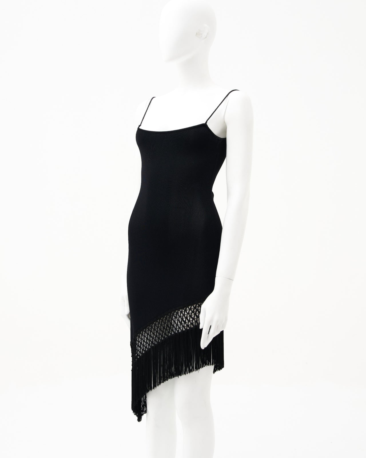 Moschino Couture Asymmetric Fringe Black Sleeveless Mini Dress