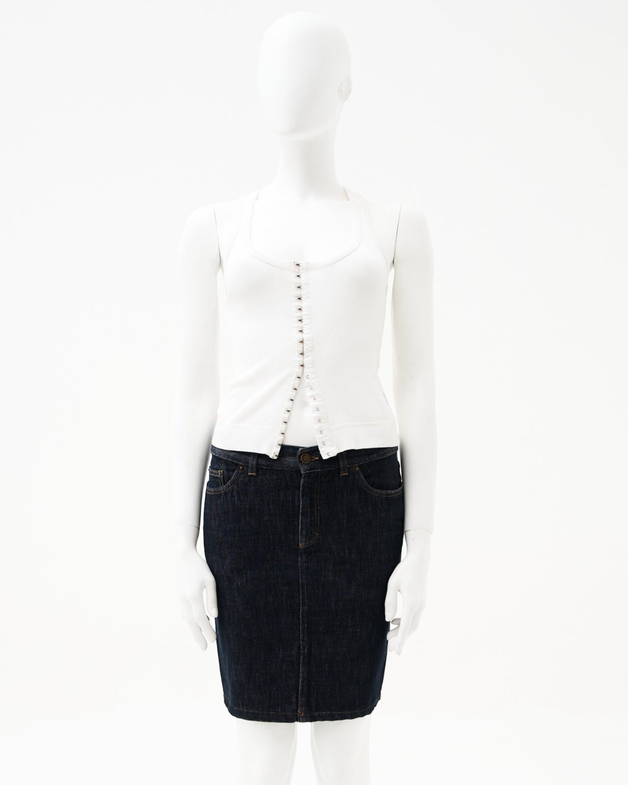 Gucci by Tom Ford S/S 2002 Buttoned White Tank Top and Denim Skirt