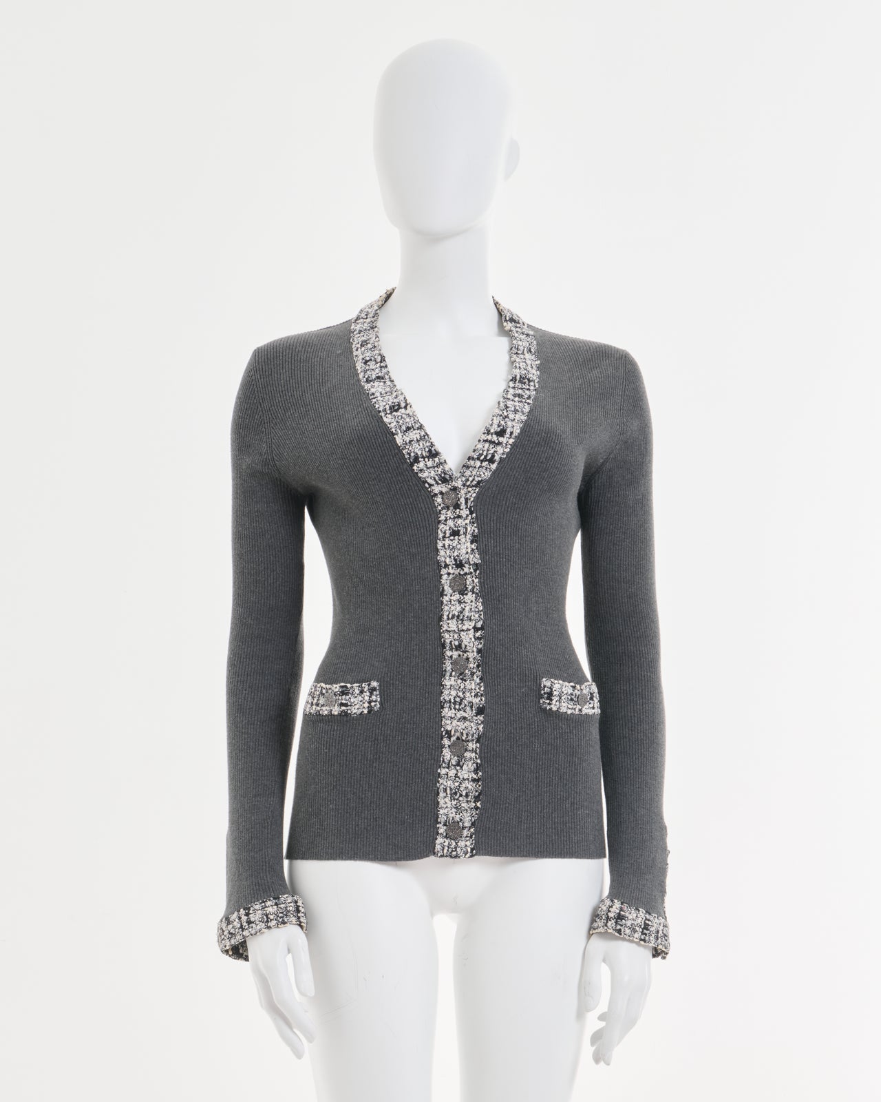 Chanel by Karl Lagerfeld S/S 2004 Grey knit tweed edge cardigan 