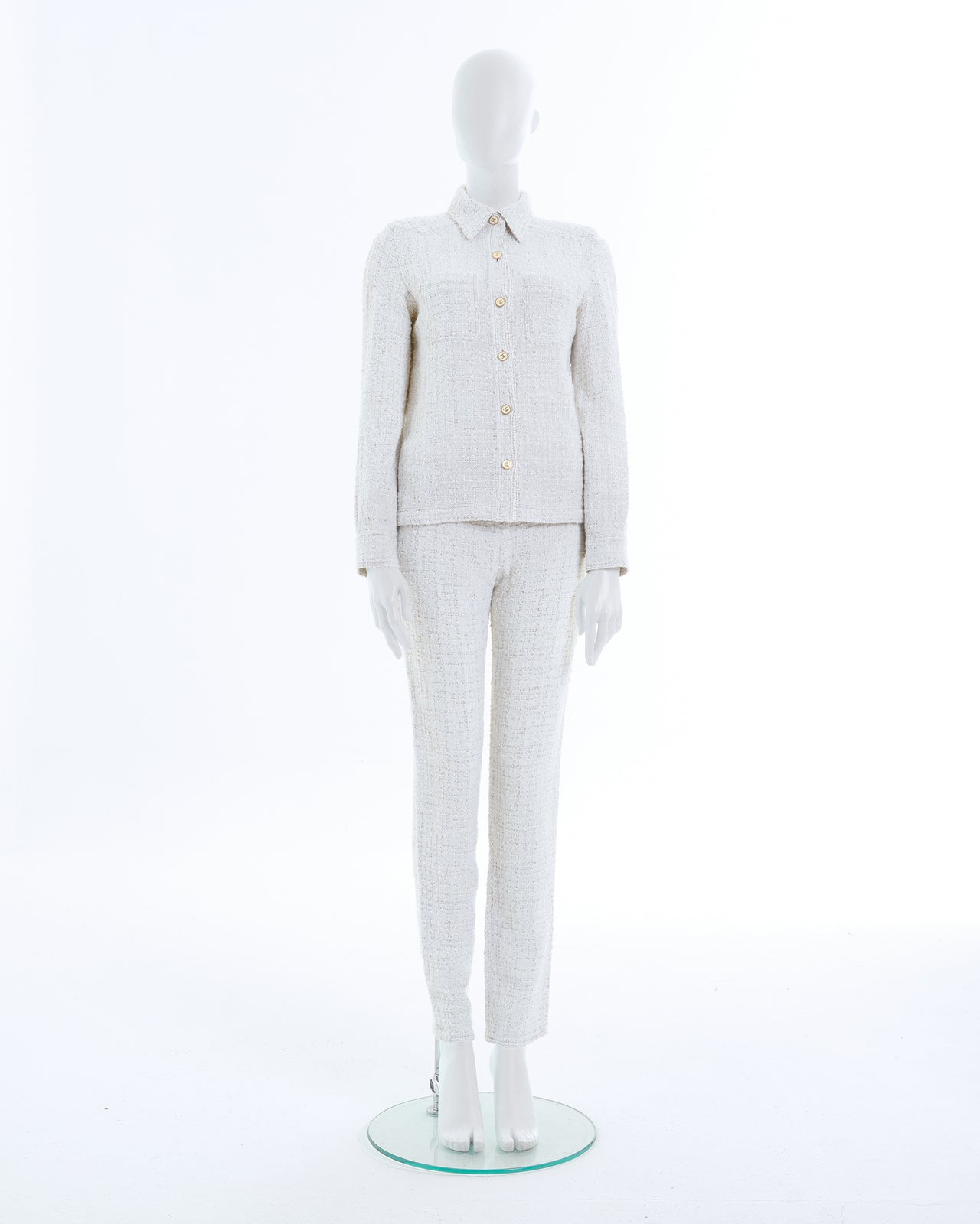 Chanel by Karl Lagerfeld S/S 2001 Off-White bouclé shirt jacket and pants set 