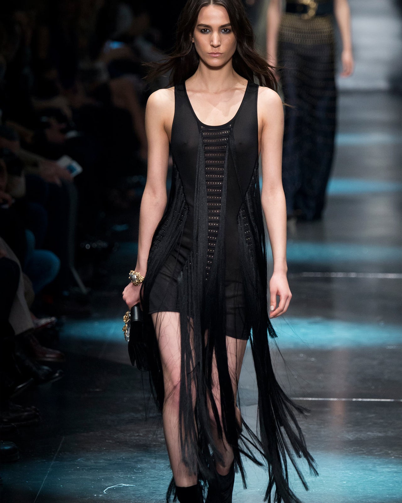 Roberto Cavalli F/W 2015 Black cut out fringe dress