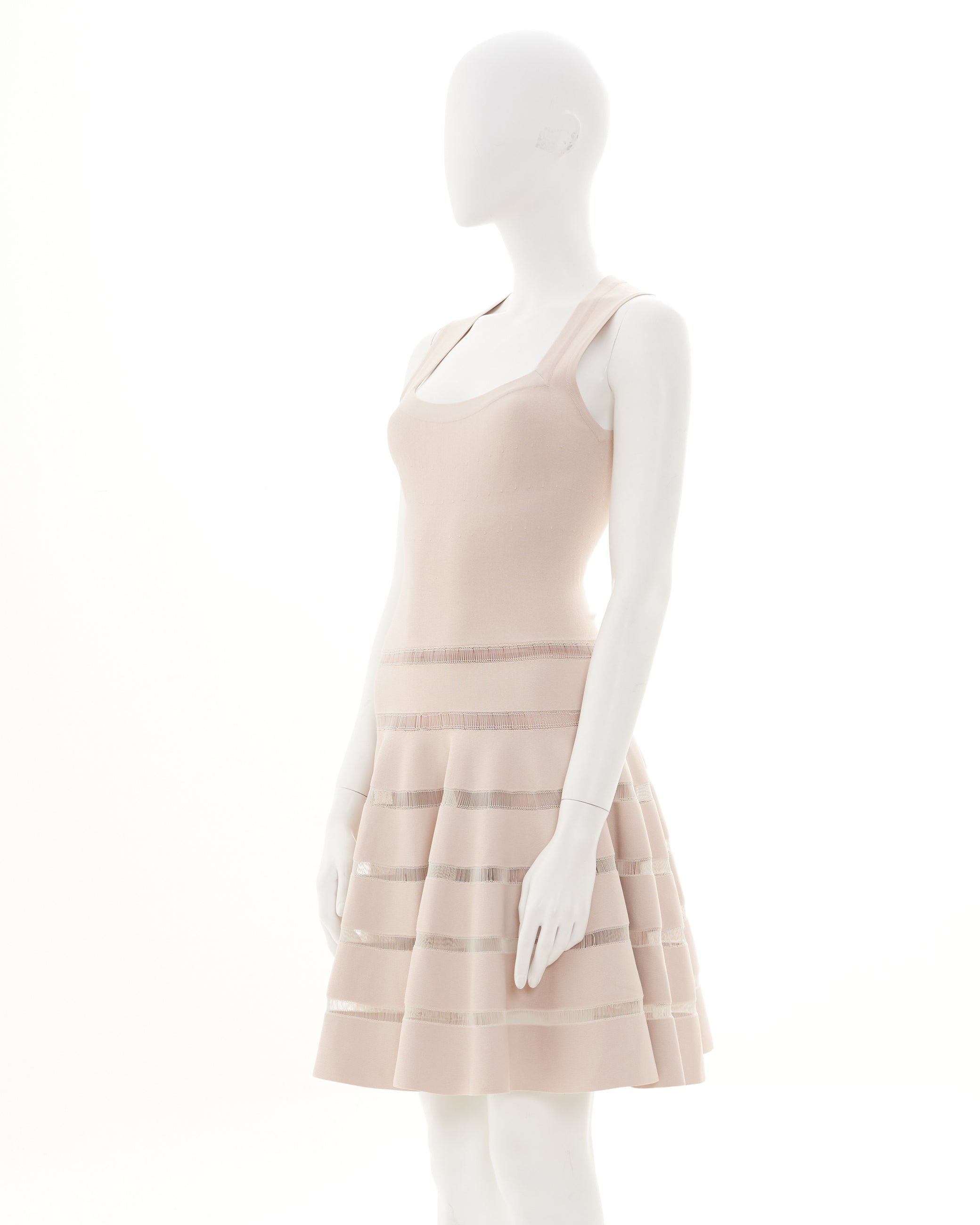 azzedine alaia pink dress 1990 Azzedine Alaia Blush-Pink Ribbed Knit Long Sleeve Bodycon Dress