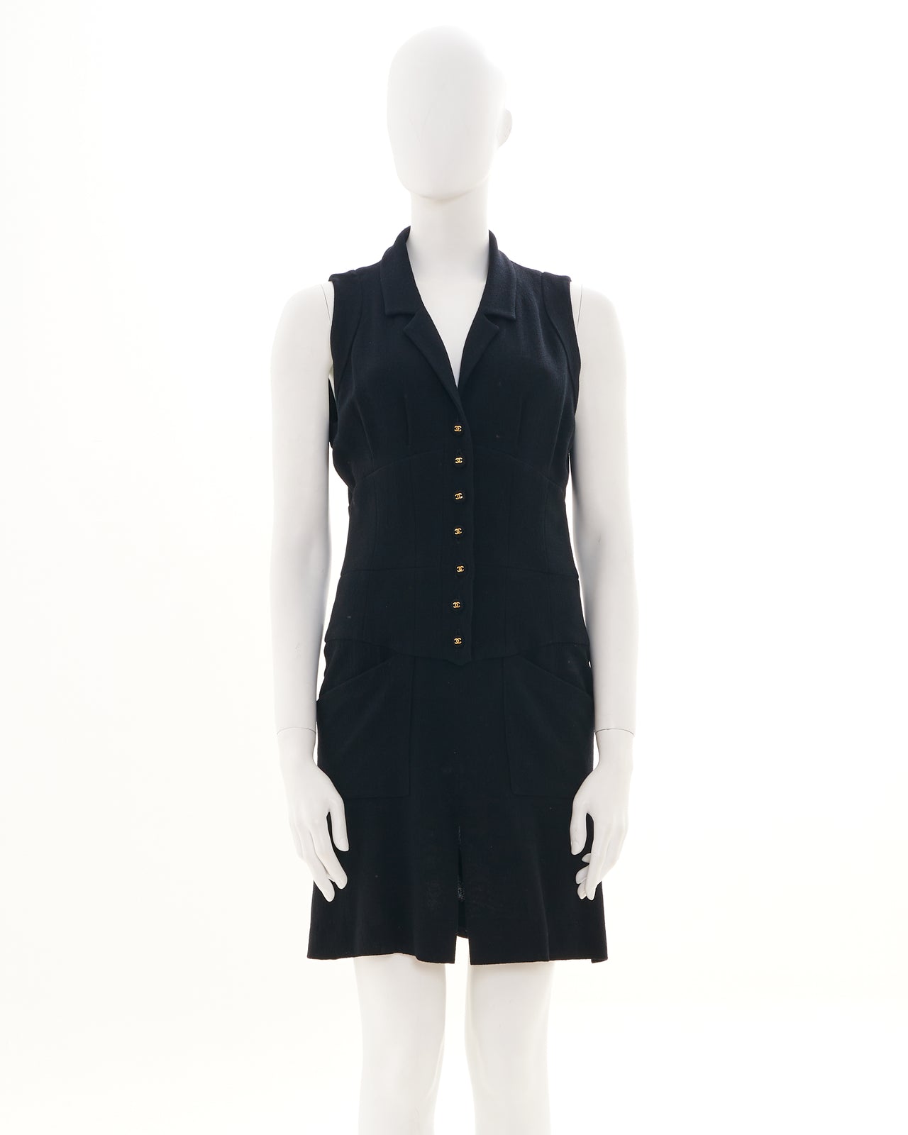 Chanel by Karl Lagerfeld S/S 1995 Midi Black Sleeveless Dress with Button Up Closure