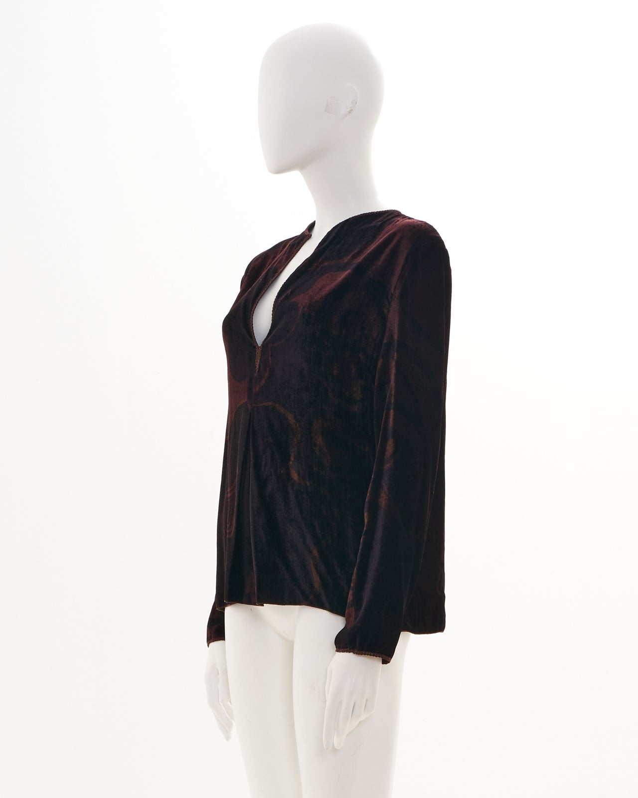 Gucci by Tom Ford F/W 2001 Brown velvet logo print plunging tunic top