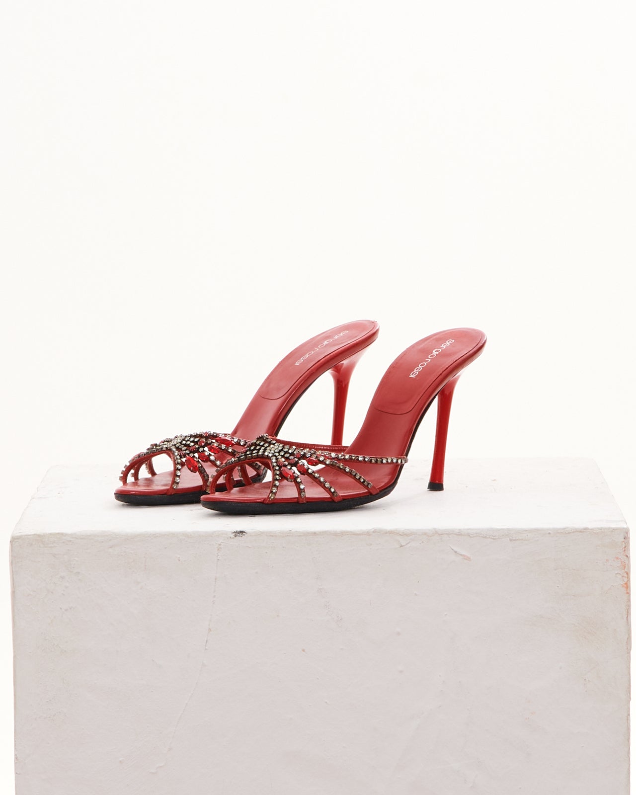 Sergio Rossi Early 2000s Red Christal embellished mule