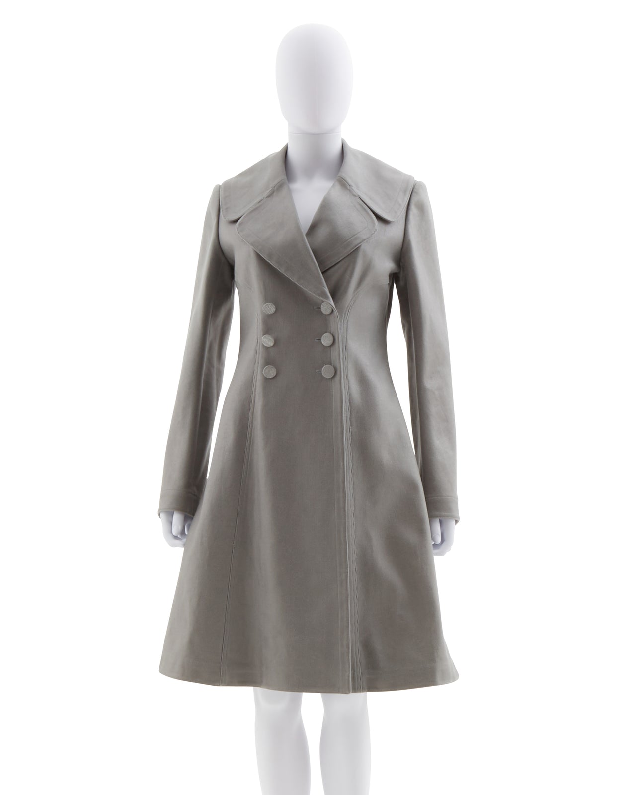 Azzedine Alaïa Early 2000s double breasted button fastenings silver and light dove grey princess coat