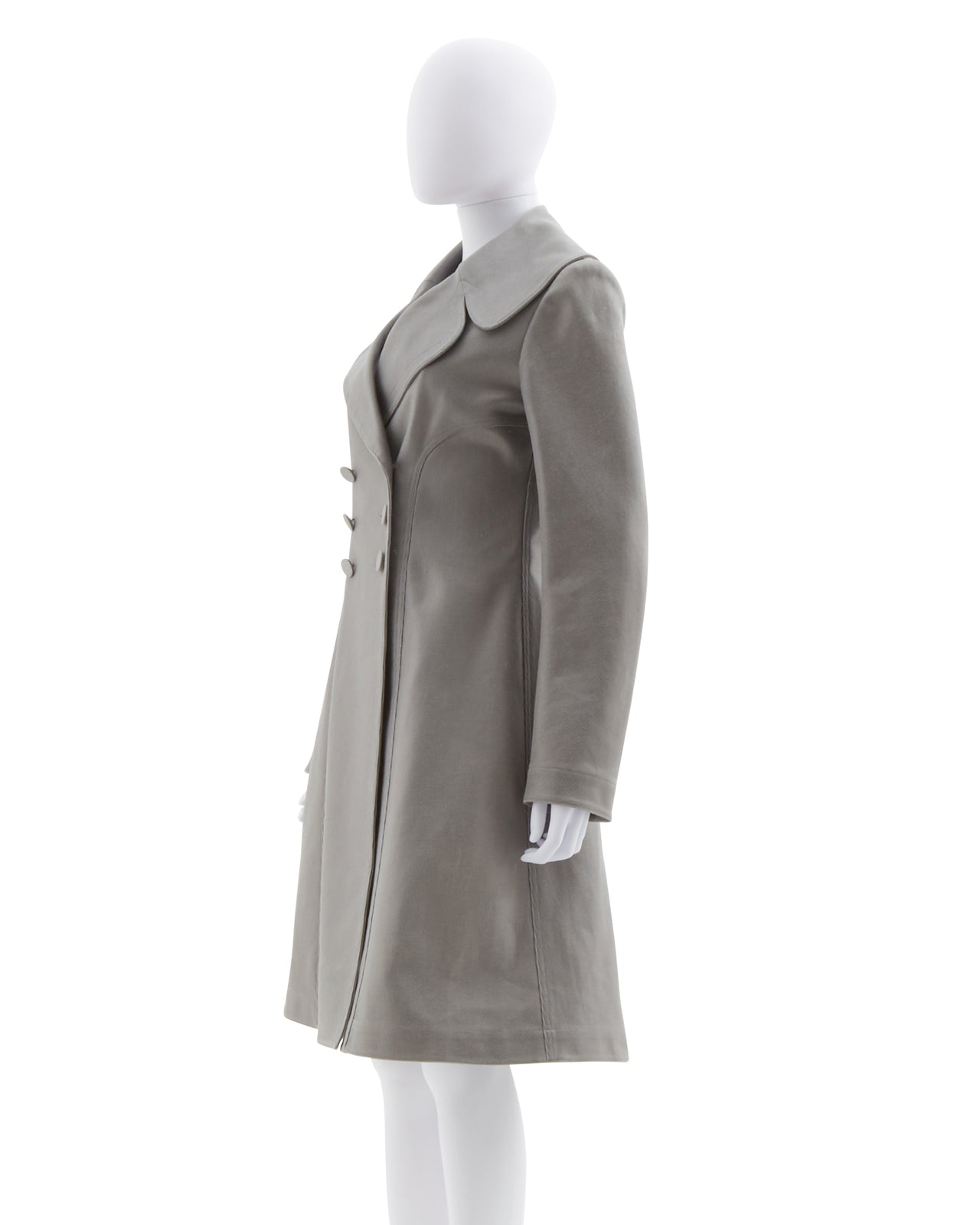 Azzedine Alaïa Early 2000s double breasted button fastenings silver and light dove grey princess coat
