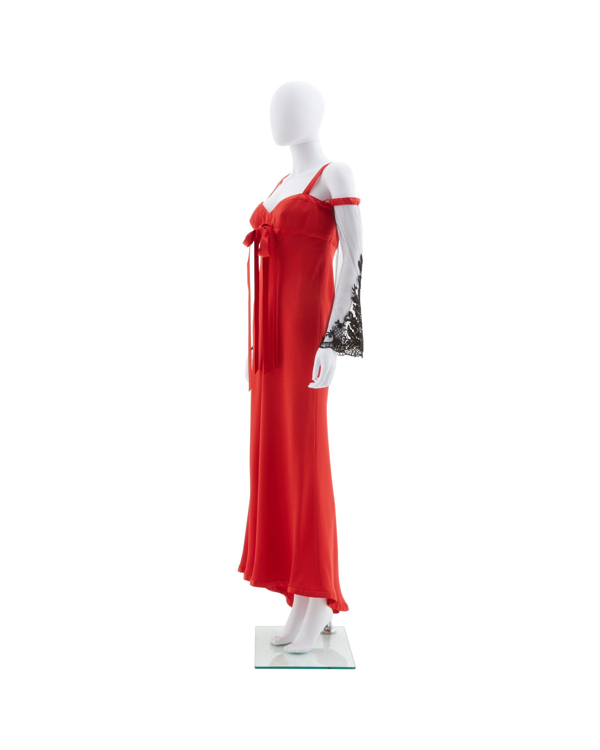 Valentino F/W 2005 Red evening dress with embellished lace sleeves - Skof Archive Valentino F/W 2005 Red evening dress with embellished lace sleeves - Skof Archive