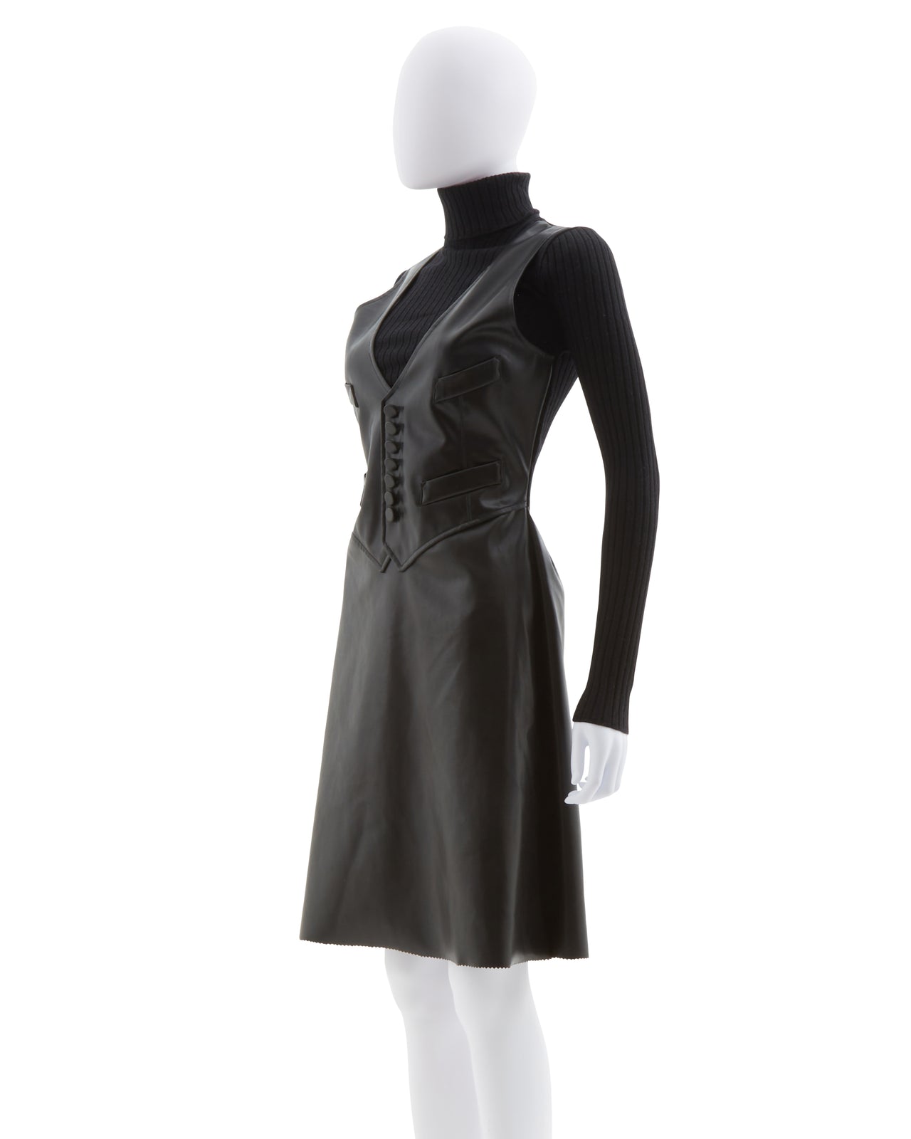Jean Paul Gaultier Early 2000s black vegan leather & ribbed knit high-neck wool dress