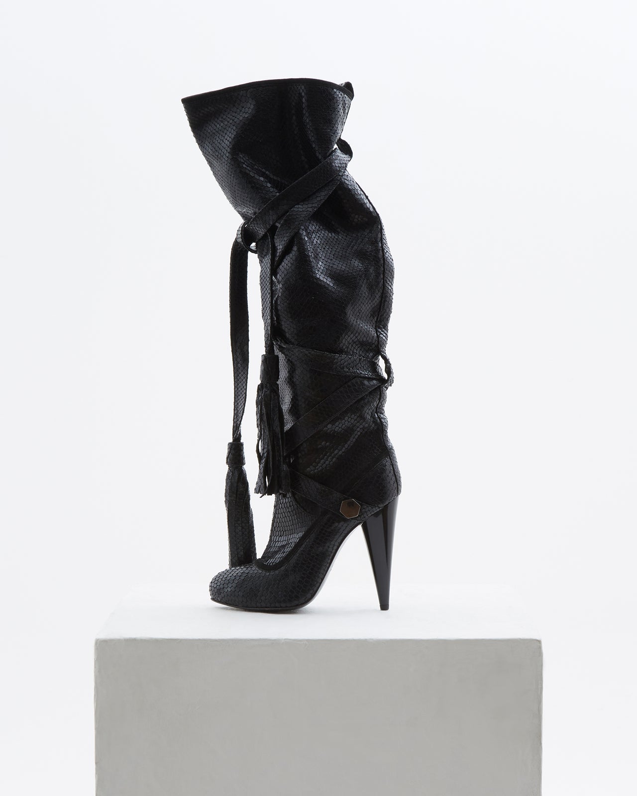 John Galliano Black snakeskin cone heels boots