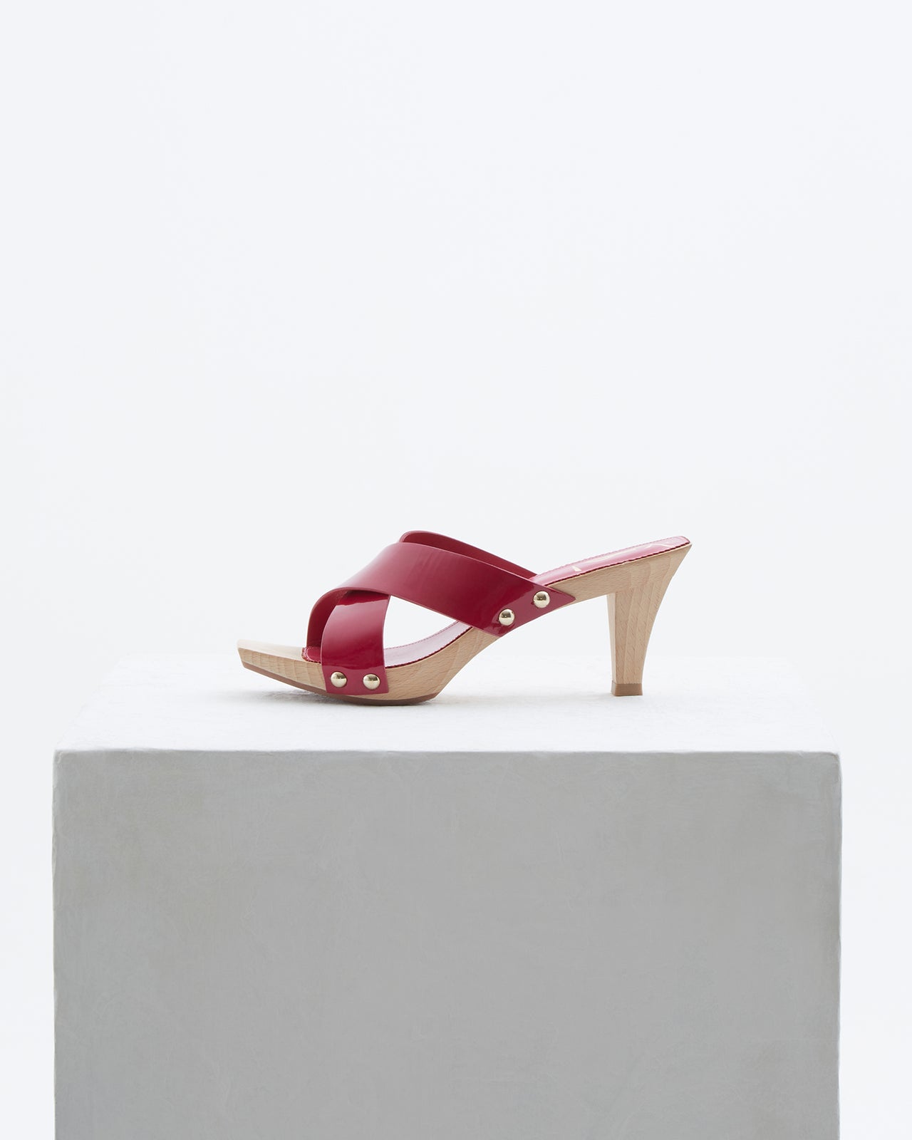 Yves Saint Laurent  Lolita wooden fuchsia patent leather criss cross toe heels