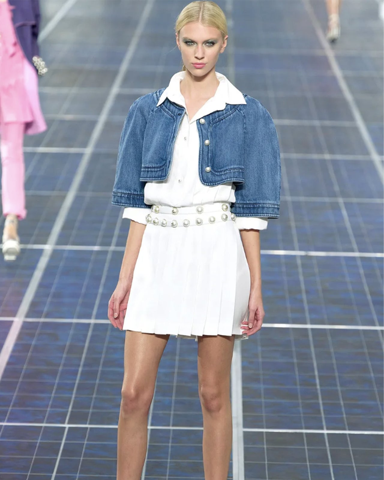 Chanel by Karl Lagerfield S/S 2013 Light blue denim cropped jacket with peal buttons closure