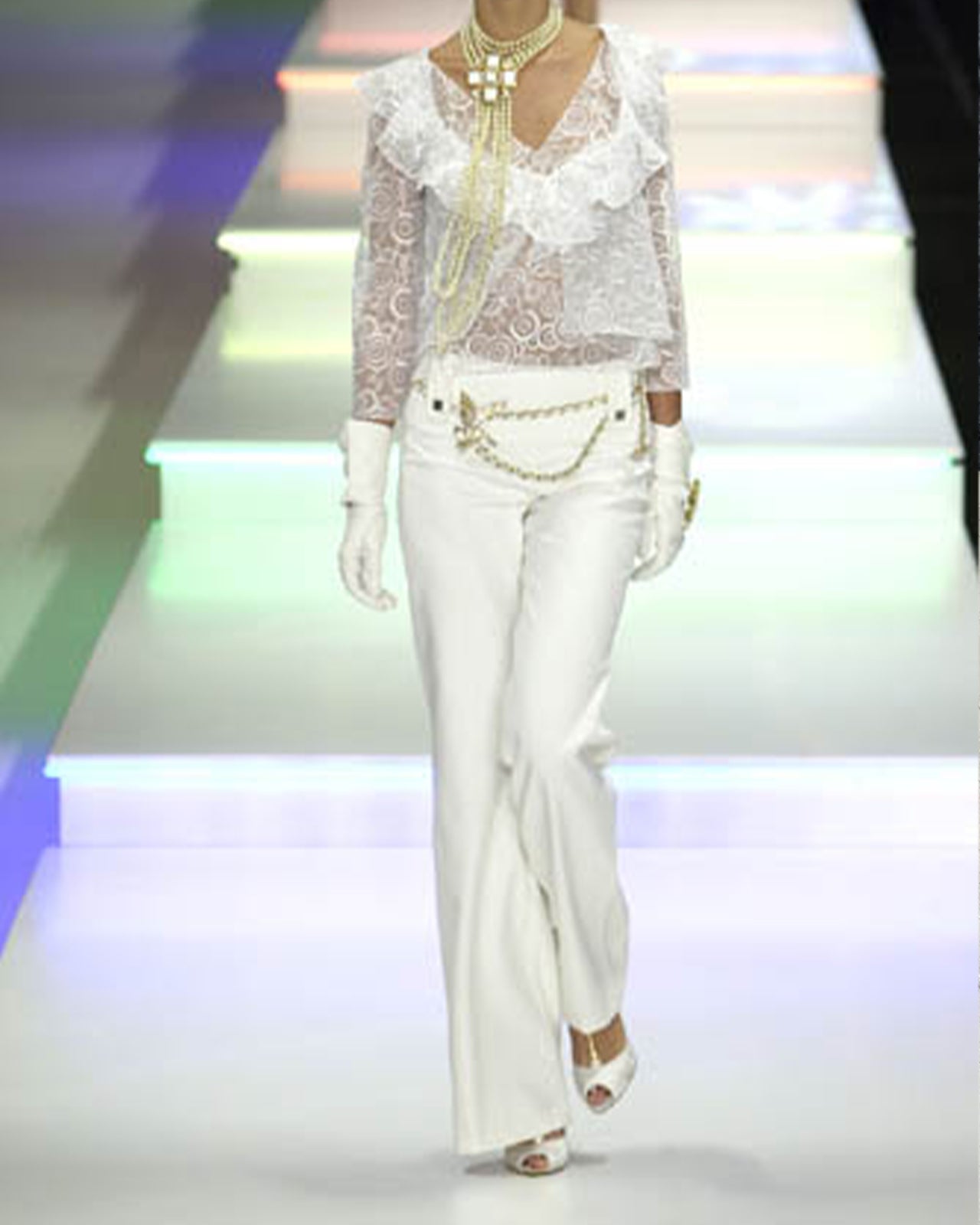 Chanel by Karl Lagerfeld S/S 2001 White ribbed high waisted flare pants